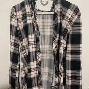 Plaid Hooded Button-Up in Black, White, Pink & Brown